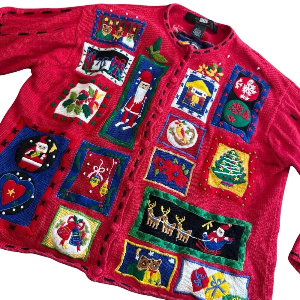 Segue Ho Ho Ho Christmas Sweater Cardigan Size L Red Womens  Button Santa Sleigh